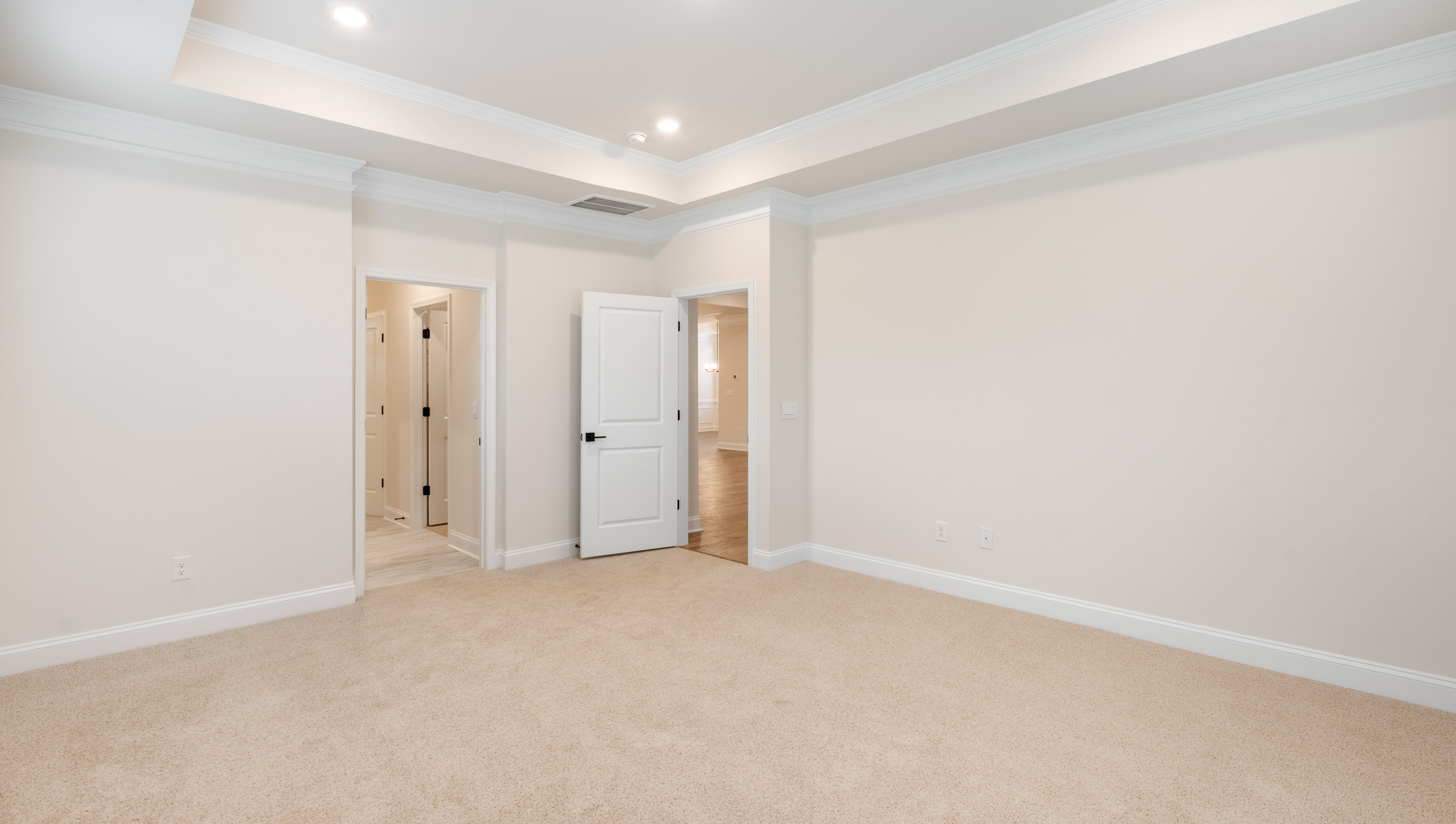 Primary bedroom with carpet and windows.
