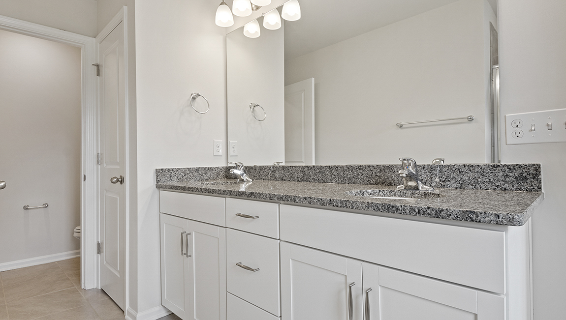 Primary bathroom with vanity and walk in shower.