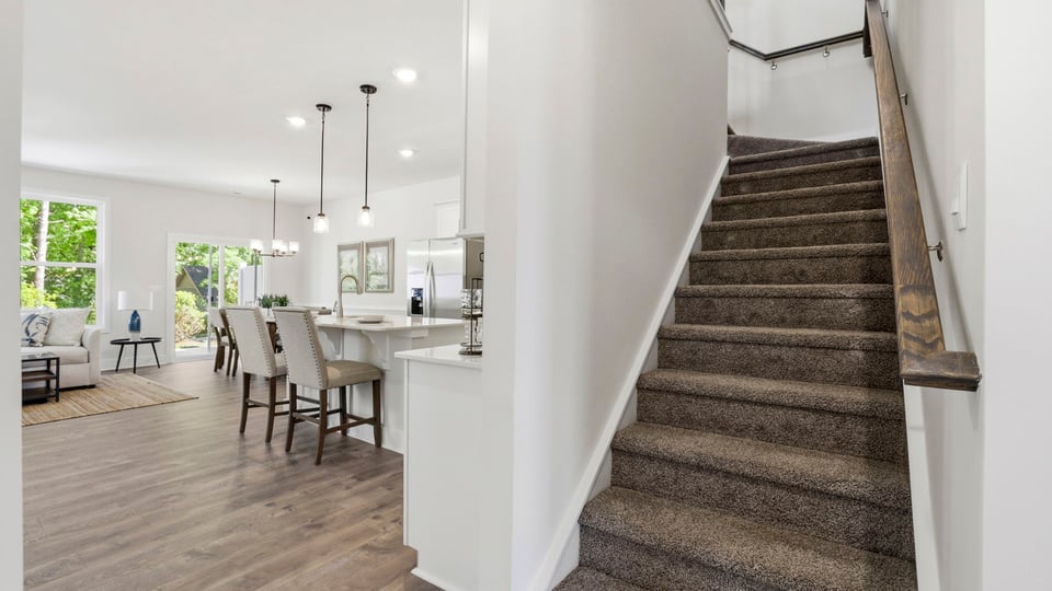 Stairs with carpet to bedroom.