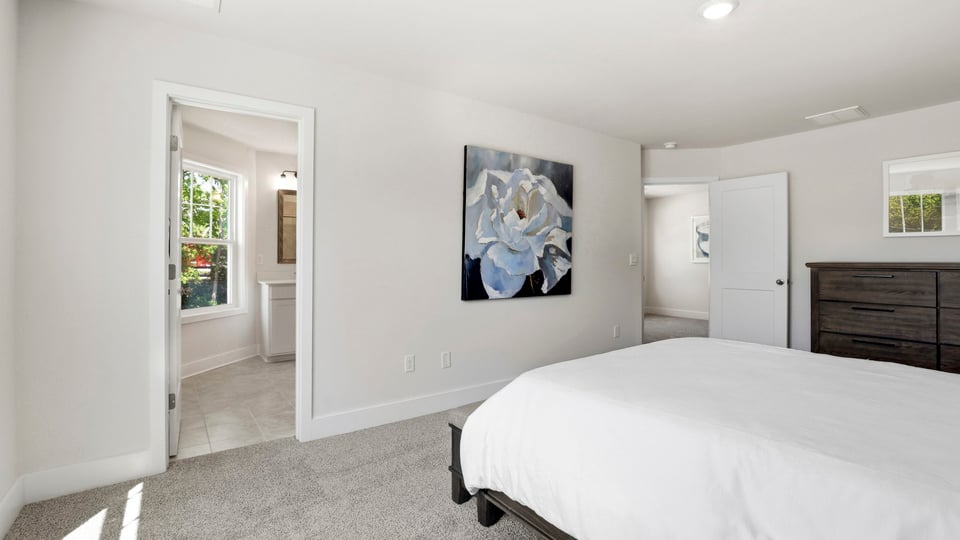 Bedroom with carpet and window.