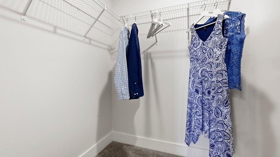 Closet with hanging storage racks.