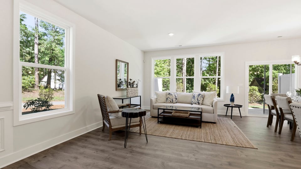 Family room with windows.