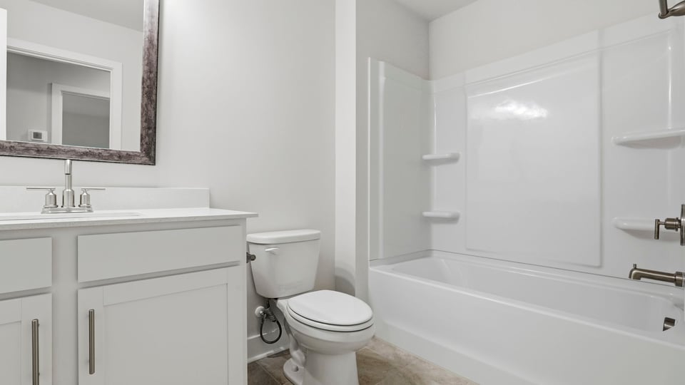 Bathroom with single vanity sink.