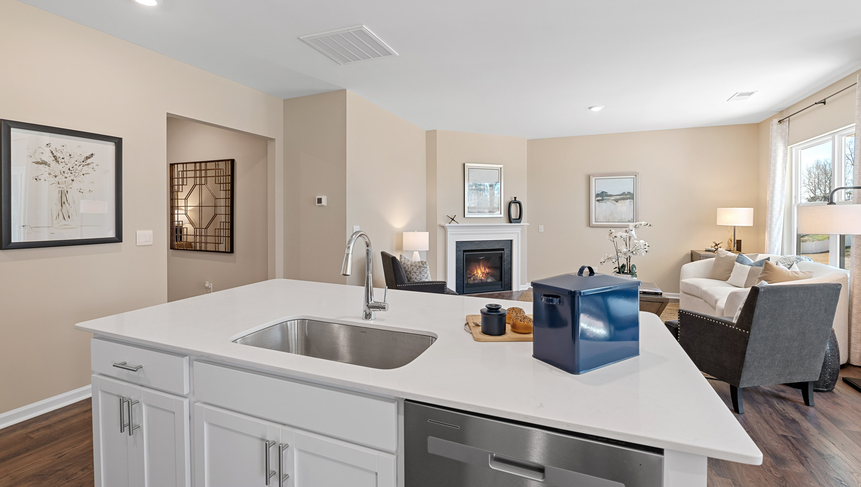 Kitchen with island and cabinets.