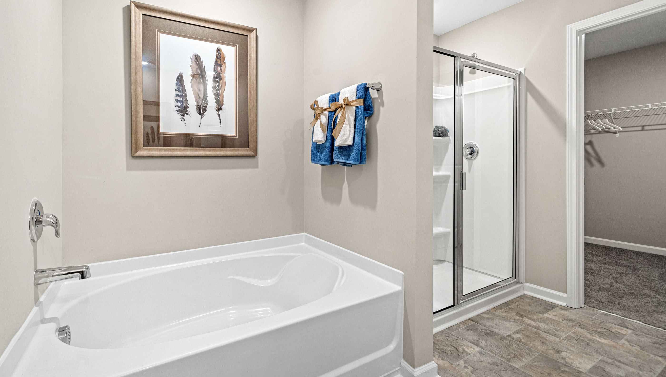 Primary bathroom with double vanity sinks.