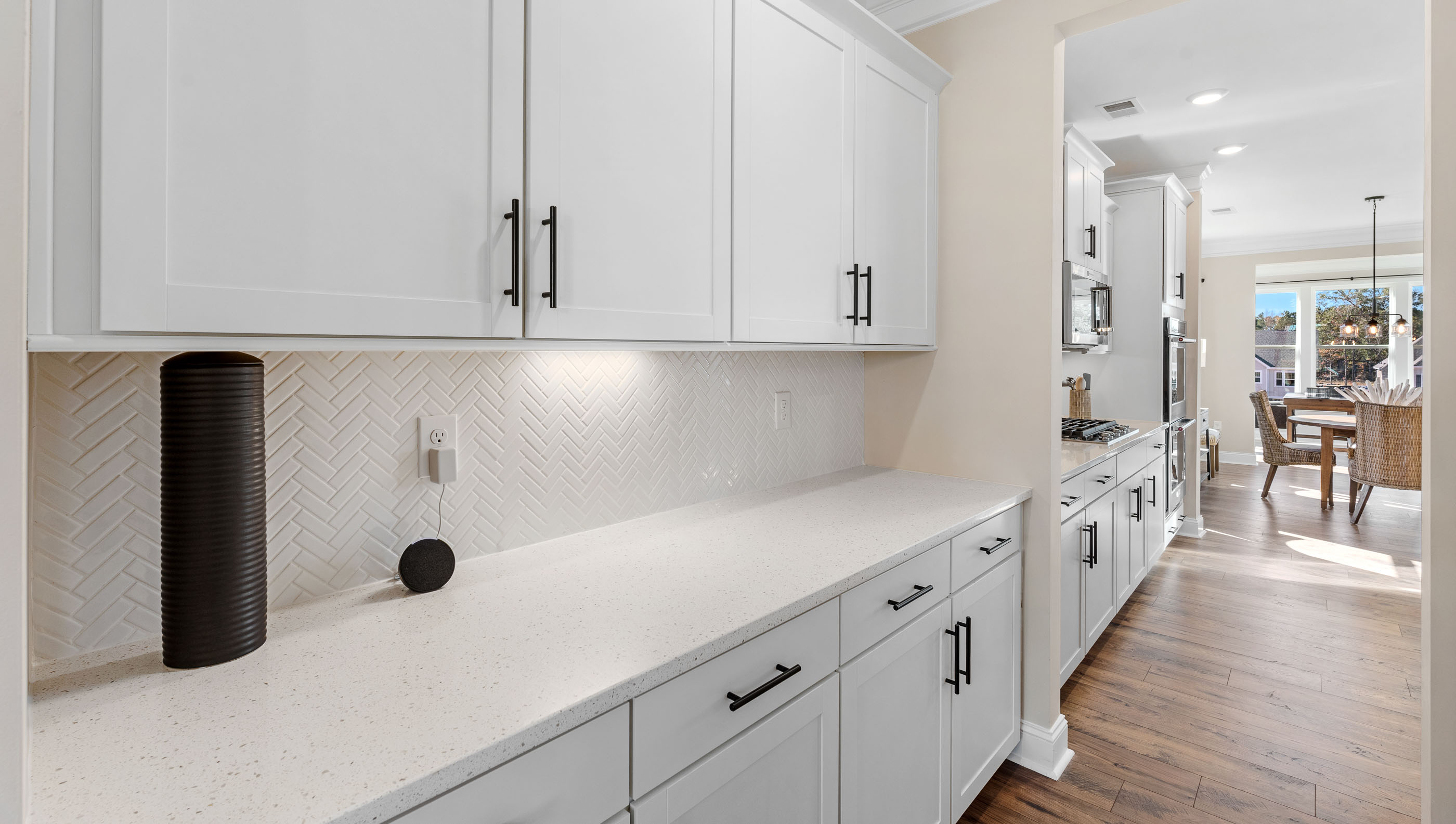 Kitchen with island and cabinets.