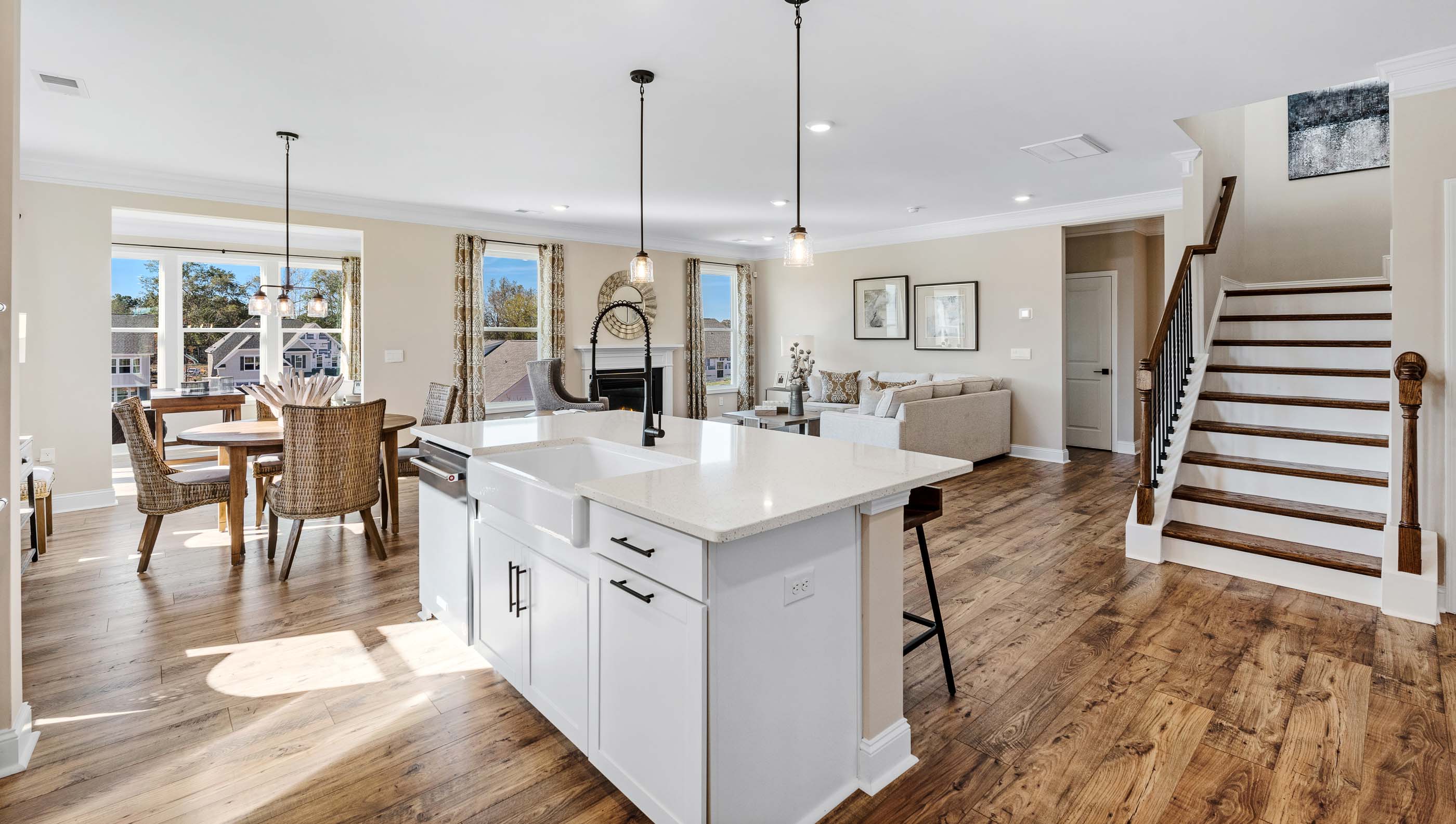 Kitchen with island and cabinets.