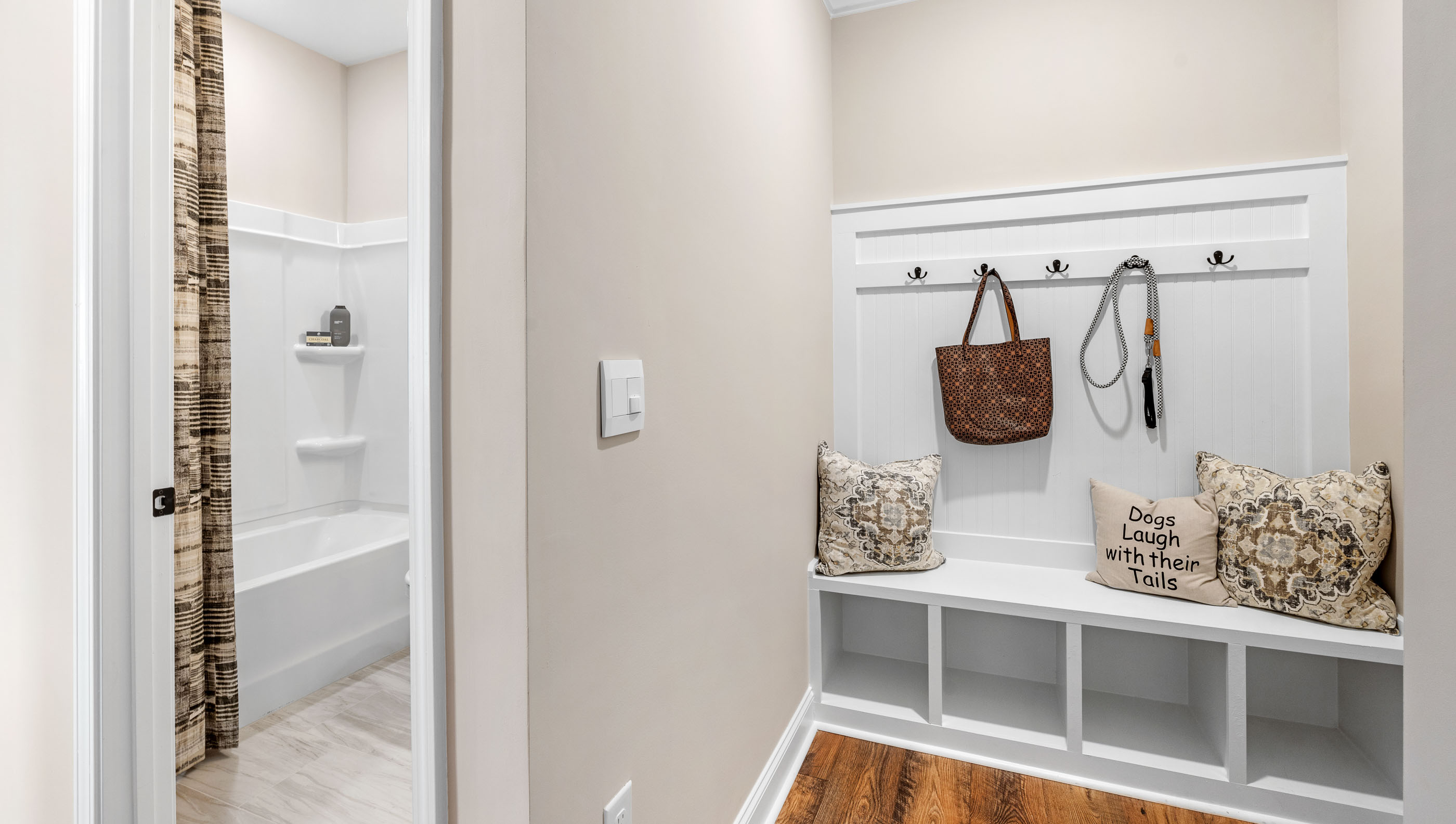 Hallway with storage.
