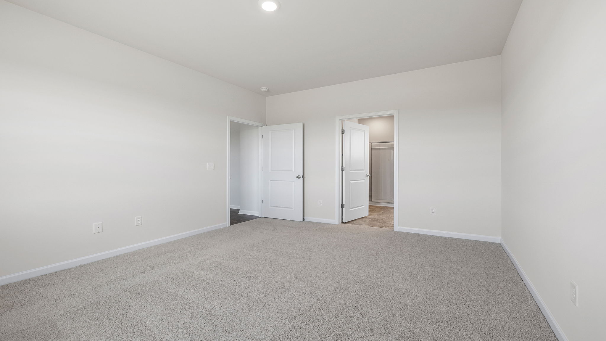 Primary bedroom with two large windows and carpet.