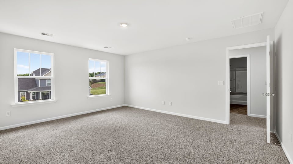 Primary bedroom with carpet and closet and windows