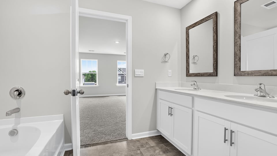 Primary bathroom with double vanity sink and closet