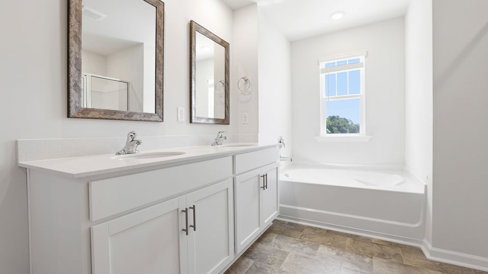 Bathroom with double vanity sink.