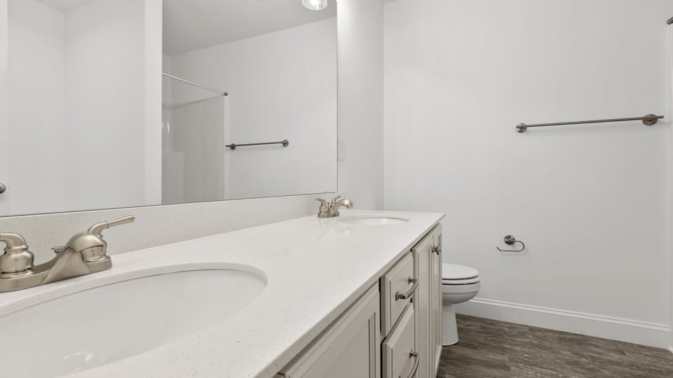 Primary bathroom with dual sink vanity.