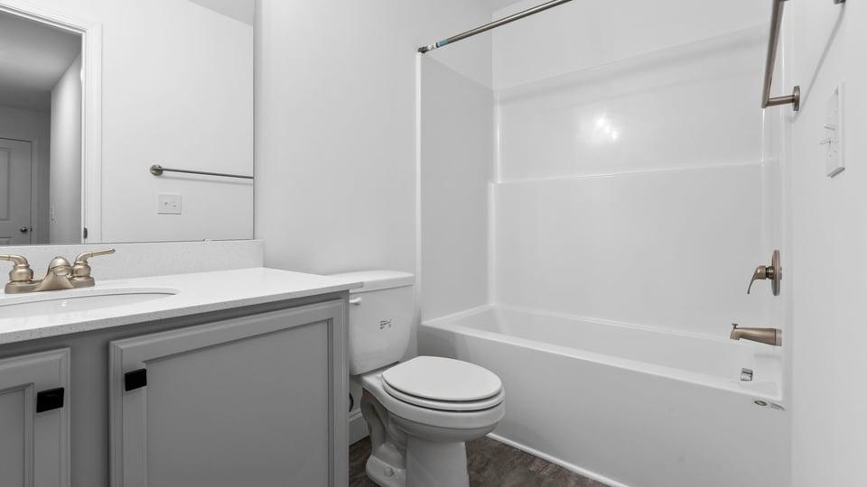 Hall bathroom with vanity and combination shower / tub.