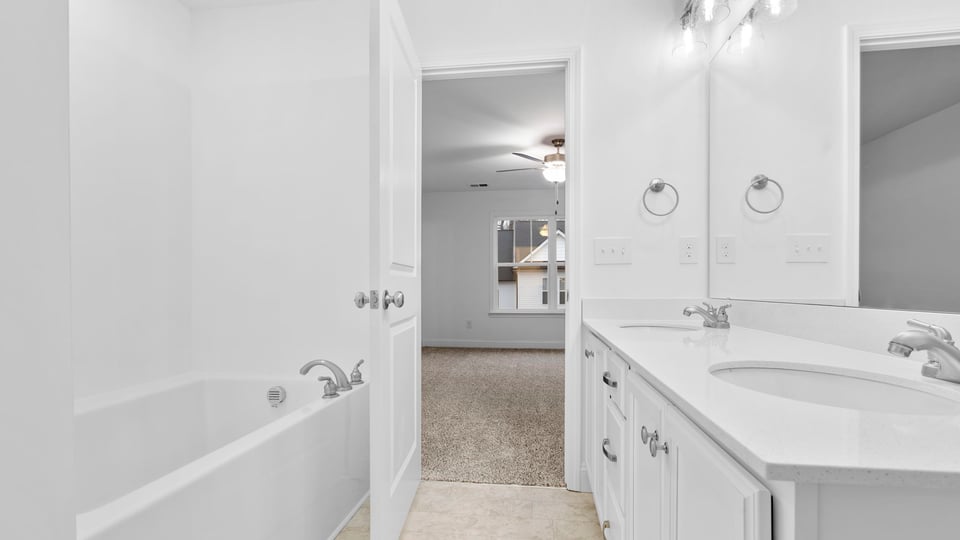 Primary bathroom with dual sink vanity.