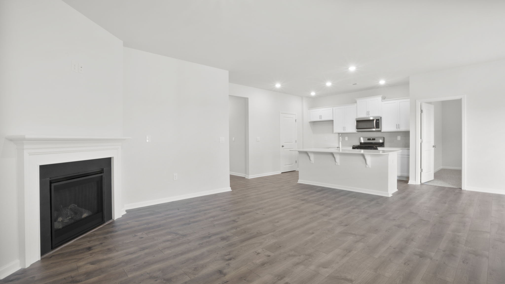 View from family room of kitchen.