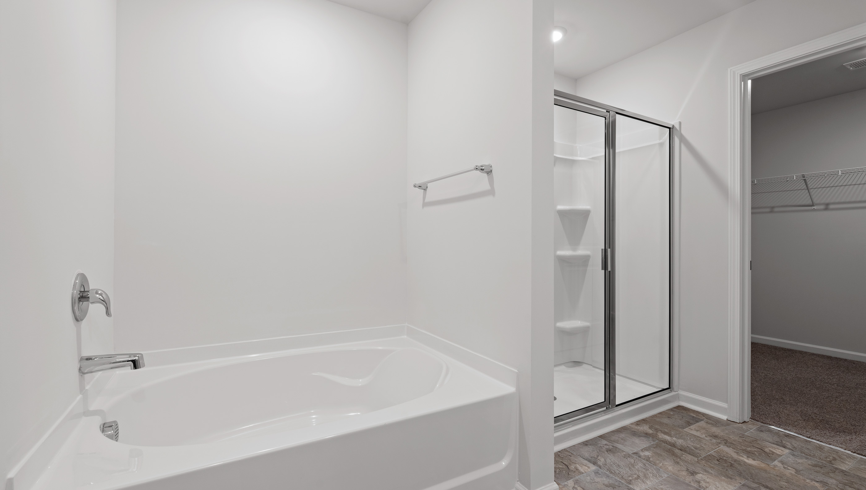 Primary bathroom with double vanity sinks.