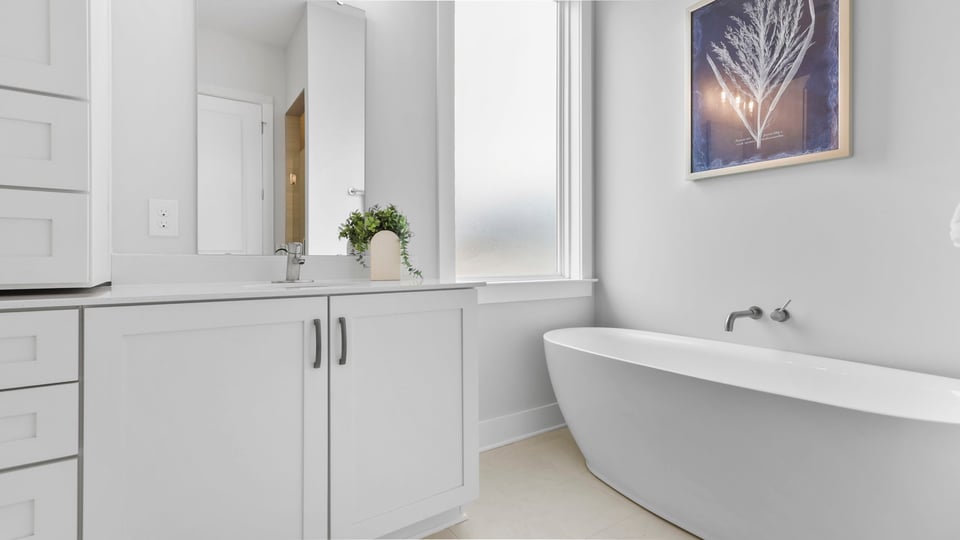 Vanity with stand alone tub and walk in shower..