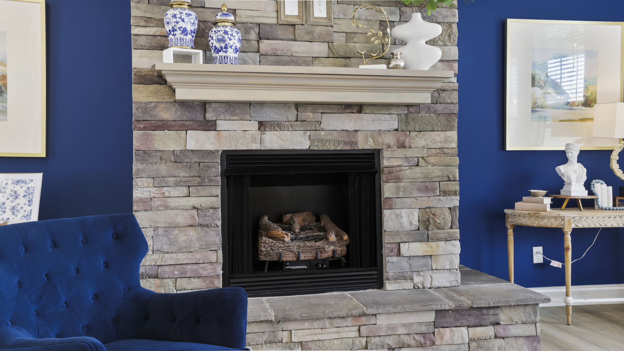 Family room with fireplace and windows.
