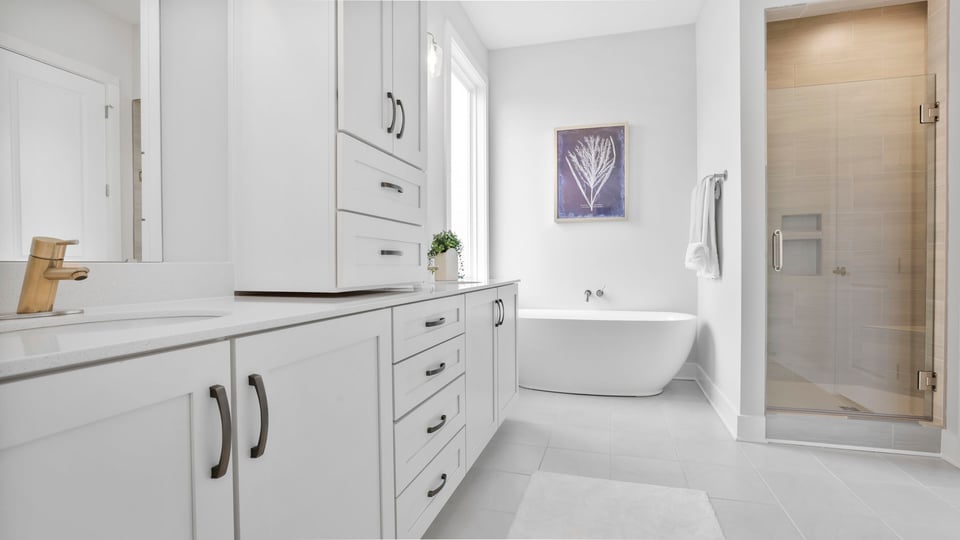 Bathroom with vanity and walk in shower.