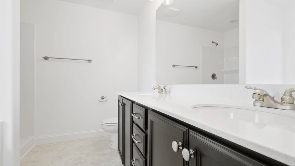 Primary bathroom with double vanity sinks.