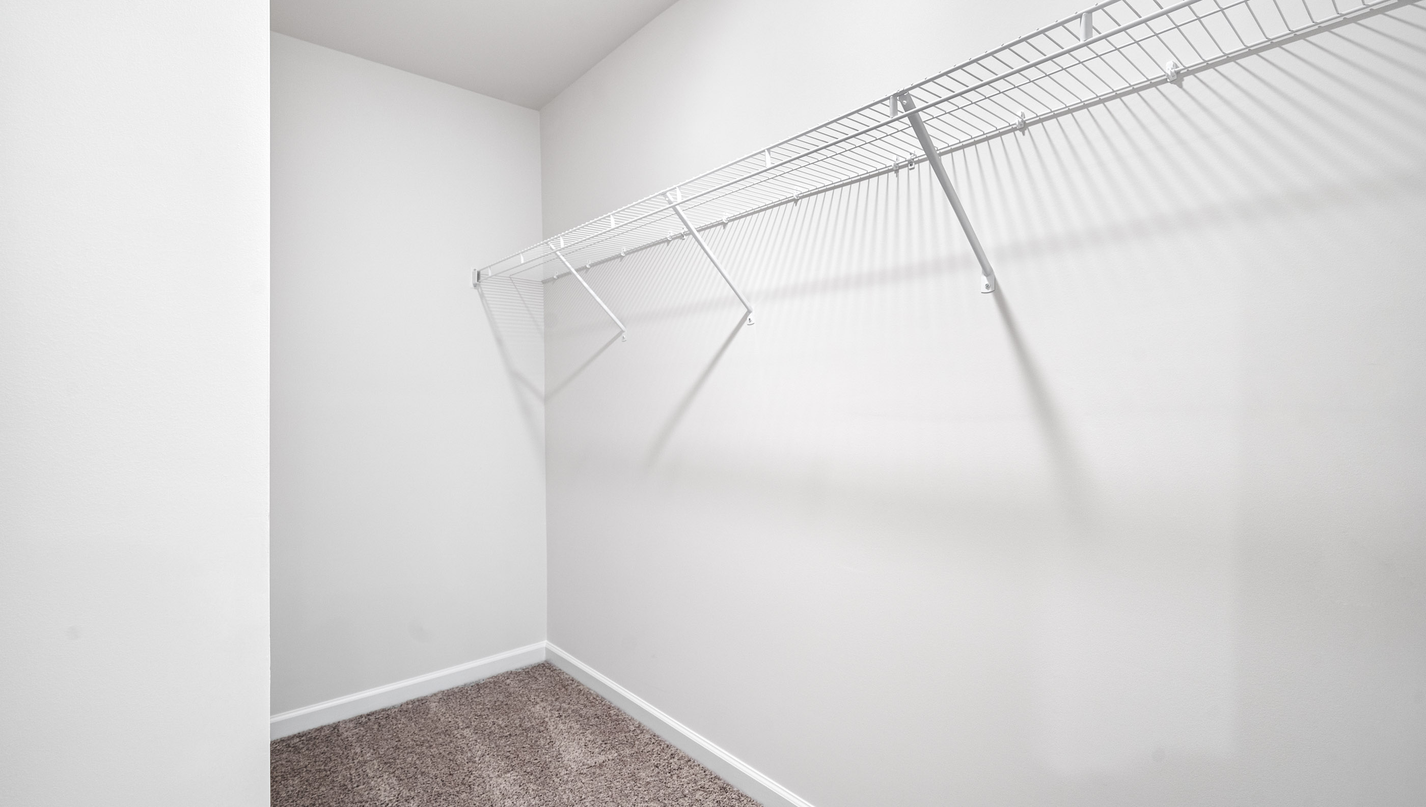 Walk in closet with hanging shelves.