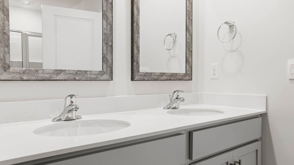 Primary bathroom with double vanity sinks.