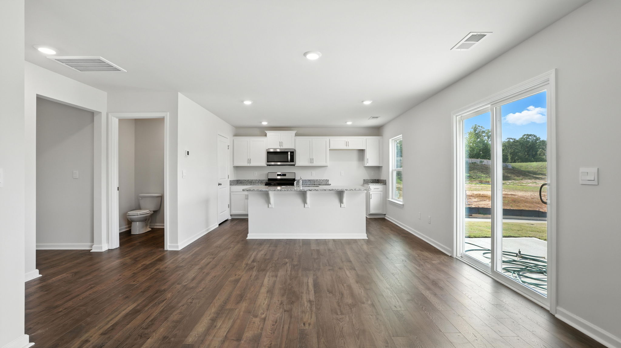 Kitchen with island and countertops.
