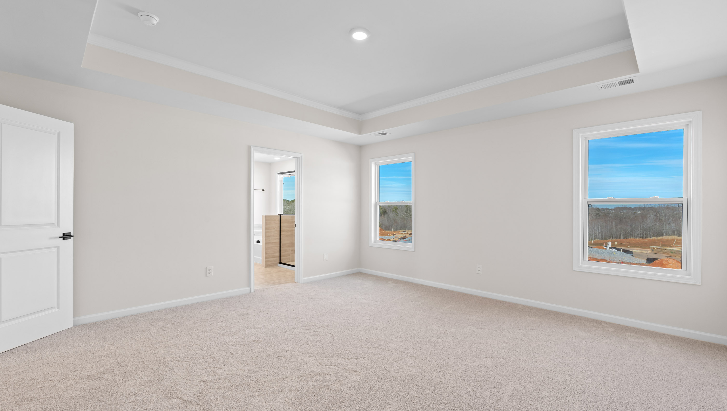 Primary bedroom with carpet and windows.