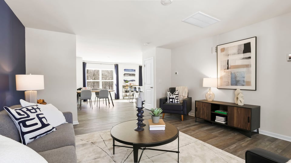 Family room with windows.