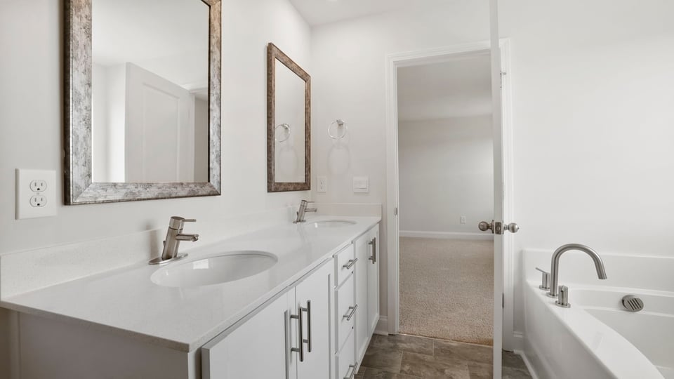 Bathroom with double vanity sink.