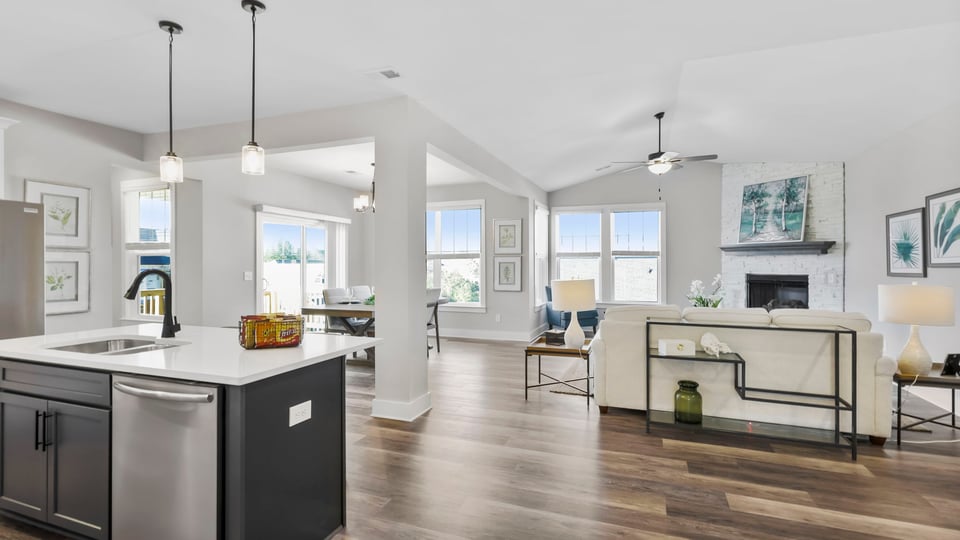 Kitchen with island and cabinets.