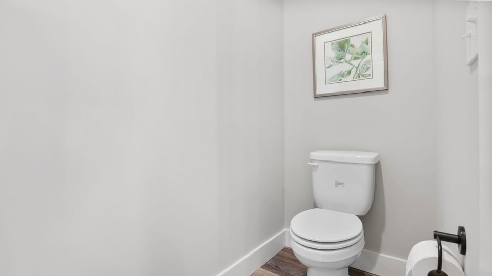 Primary bathroom with double vanity sinks.