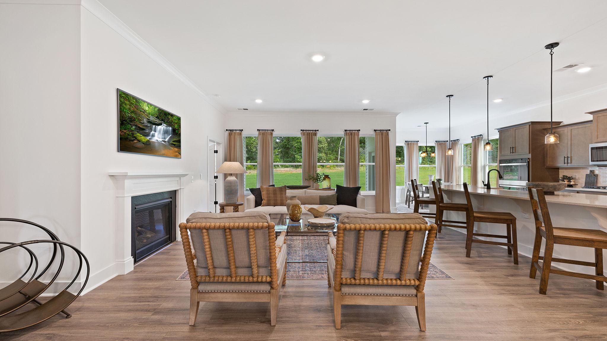 Living area with windows and fireplace.