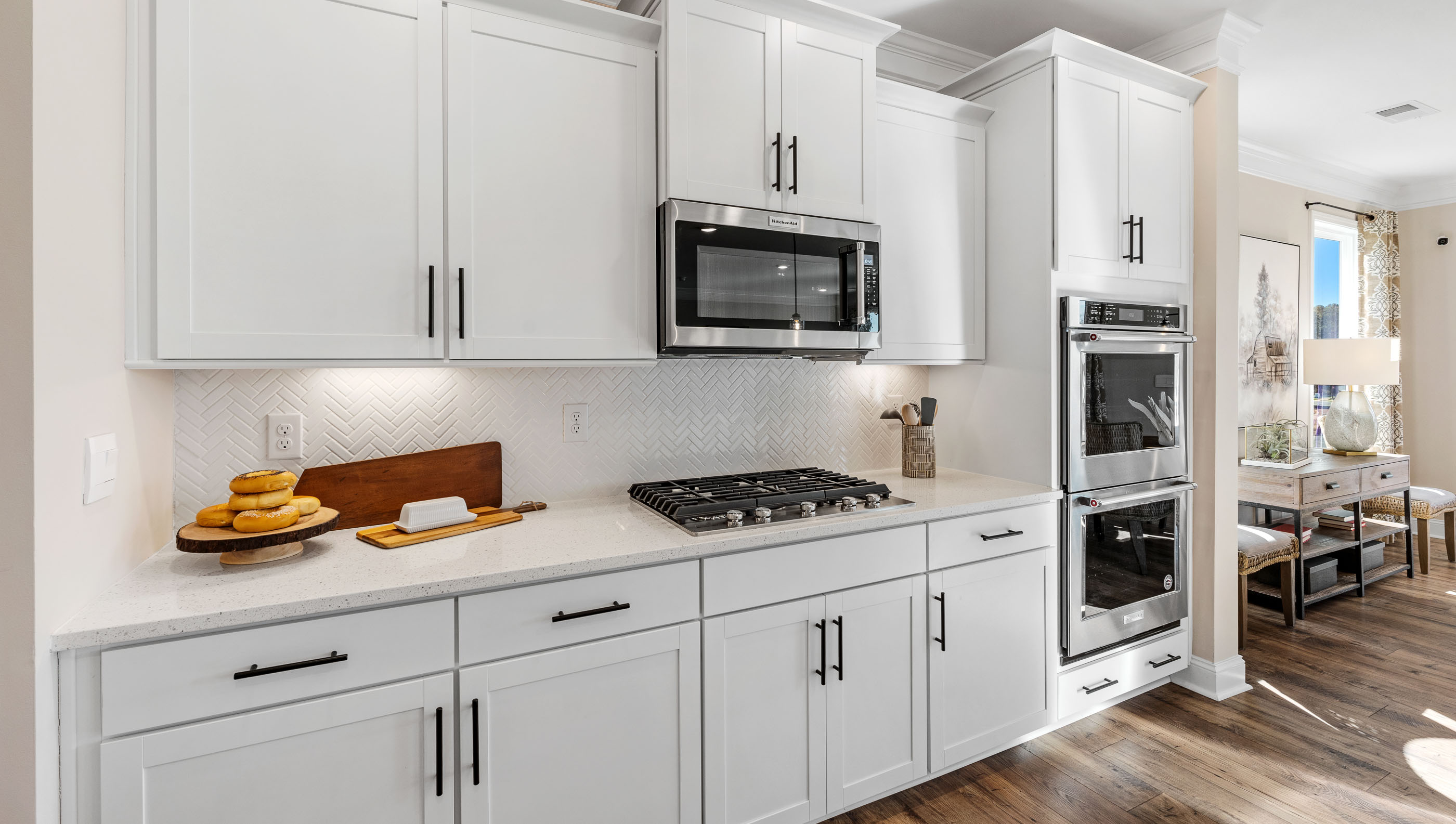 Kitchen with island and cabinets.
