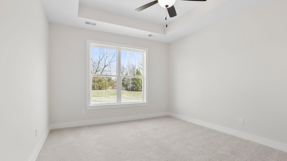 Primary bedroom with trey ceiling, large window and carpet.