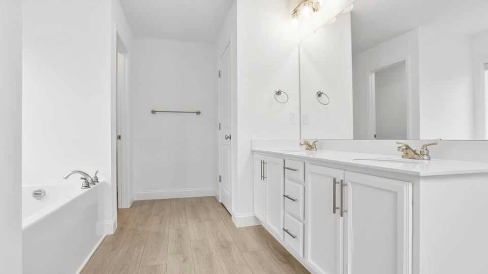 Primary bathroom with dual sink vanity, garden tub and walk-in shower.