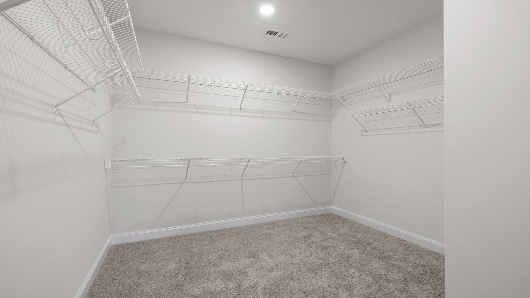 Primary closet with carpet and shelf.