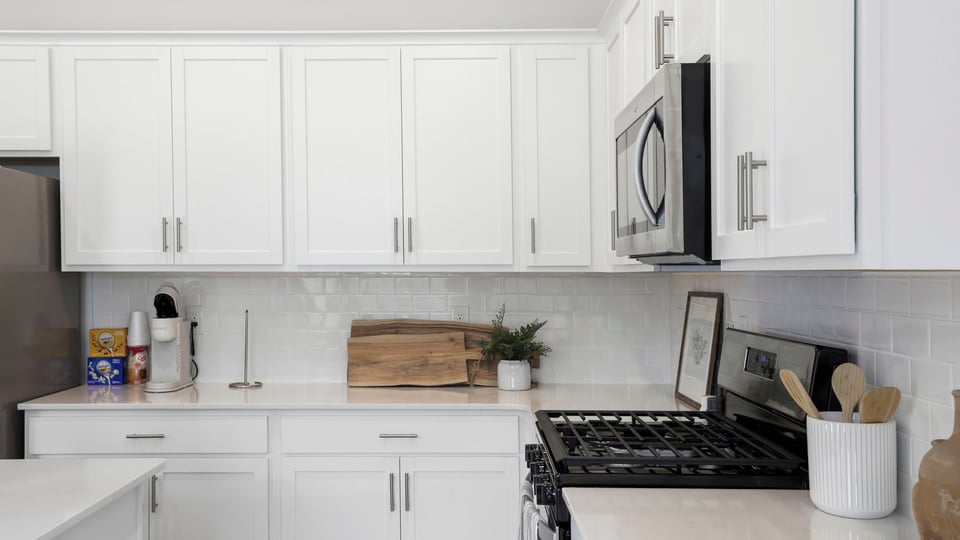 Kitchen with island and countertops.