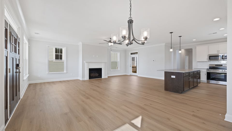 Dining room with chandelier.