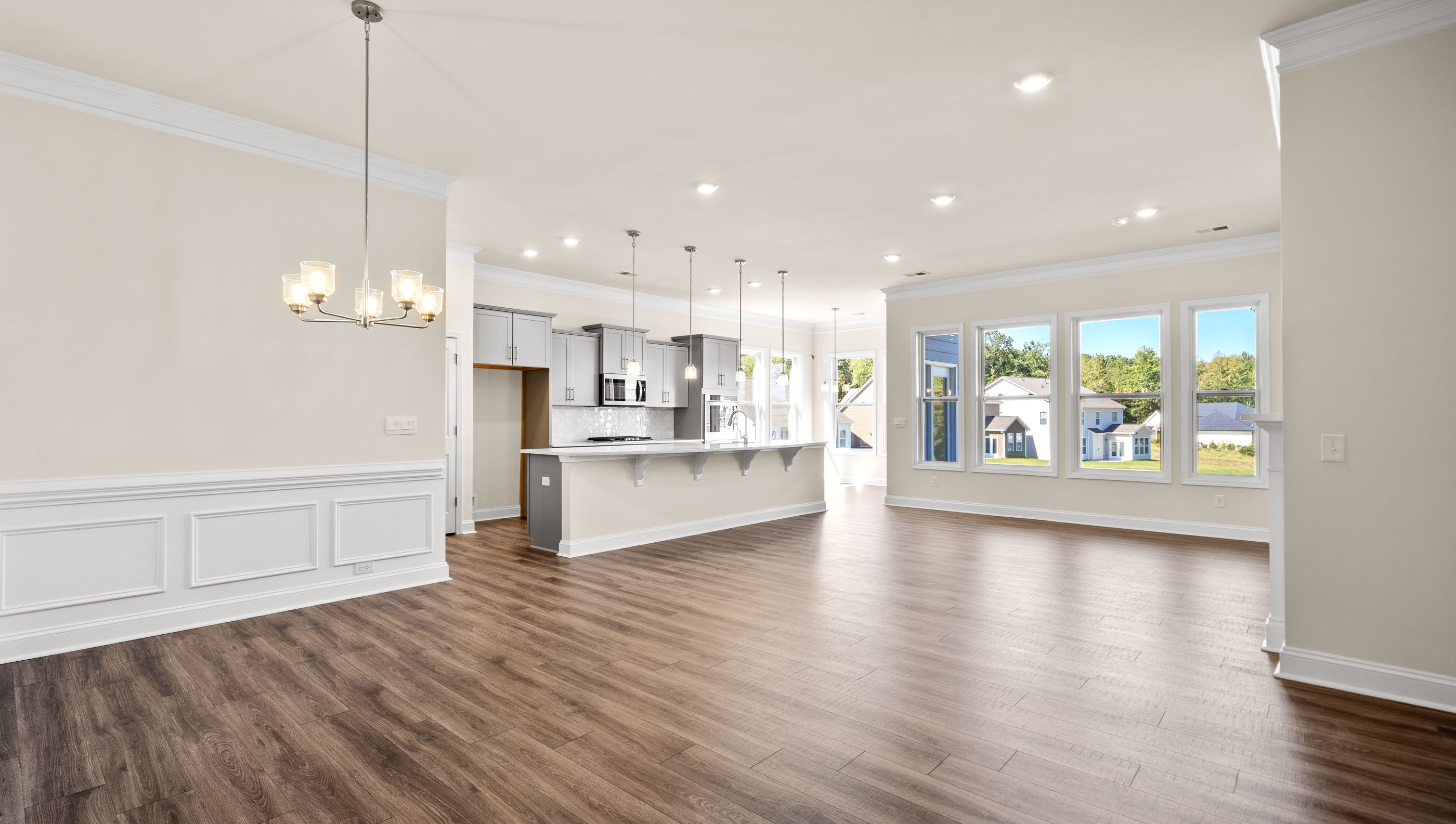 Family room with view of kitchen.