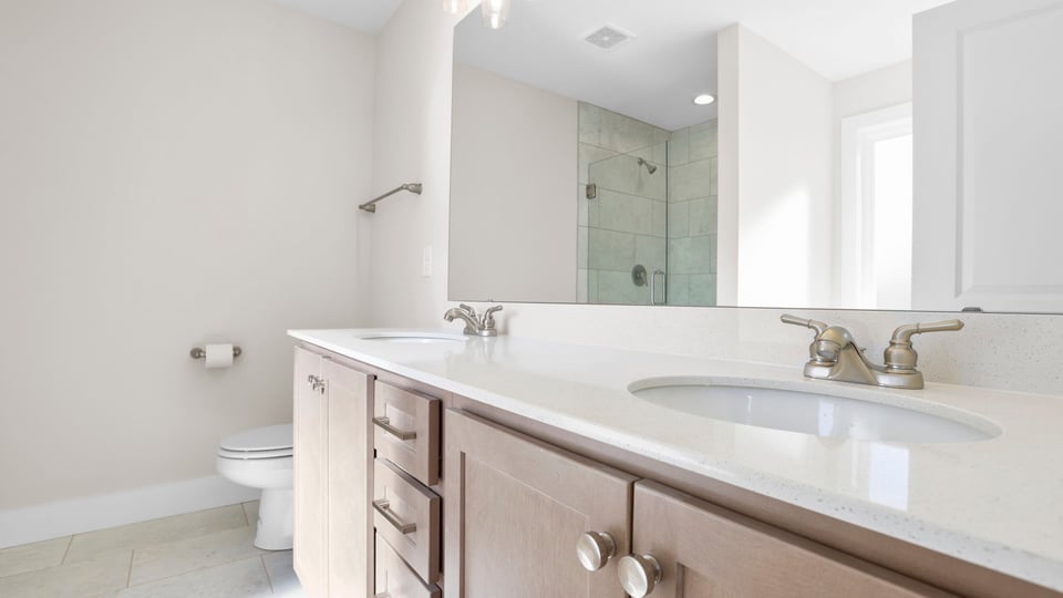 Bathroom with double vanity sink.