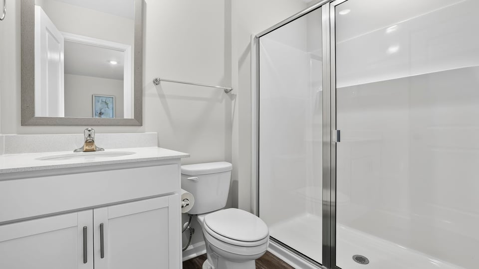 Bedroom with walk in shower and vanity