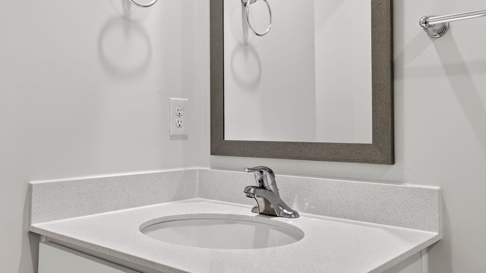 Bedroom with walk in shower and vanity