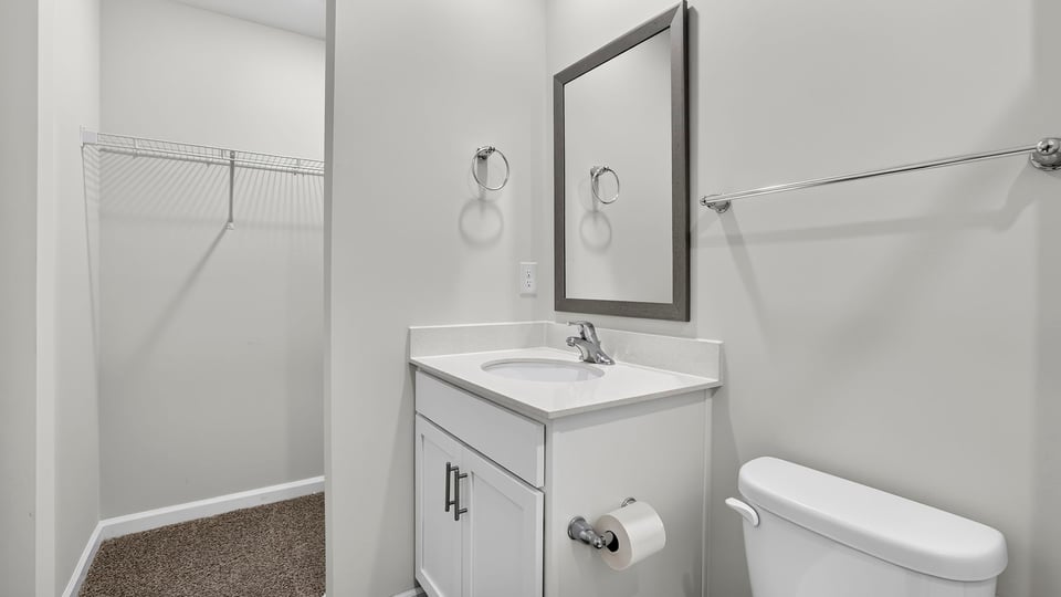Bedroom with walk in shower and vanity