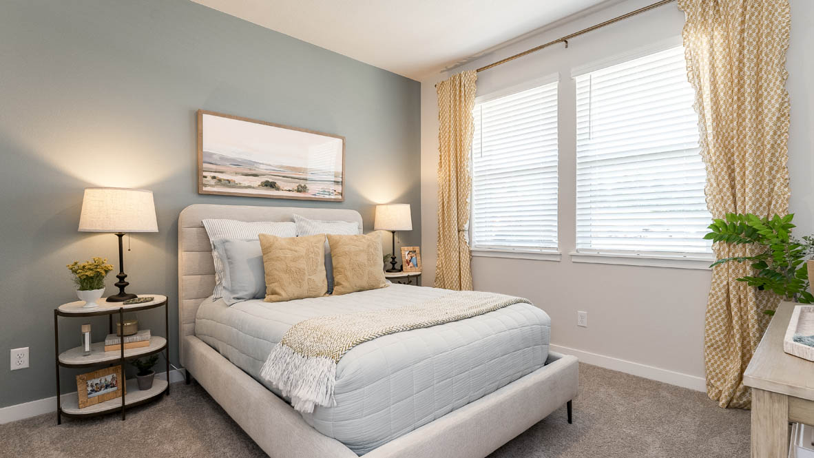 Landau Heights bedroom with painted accent wall and carpeting