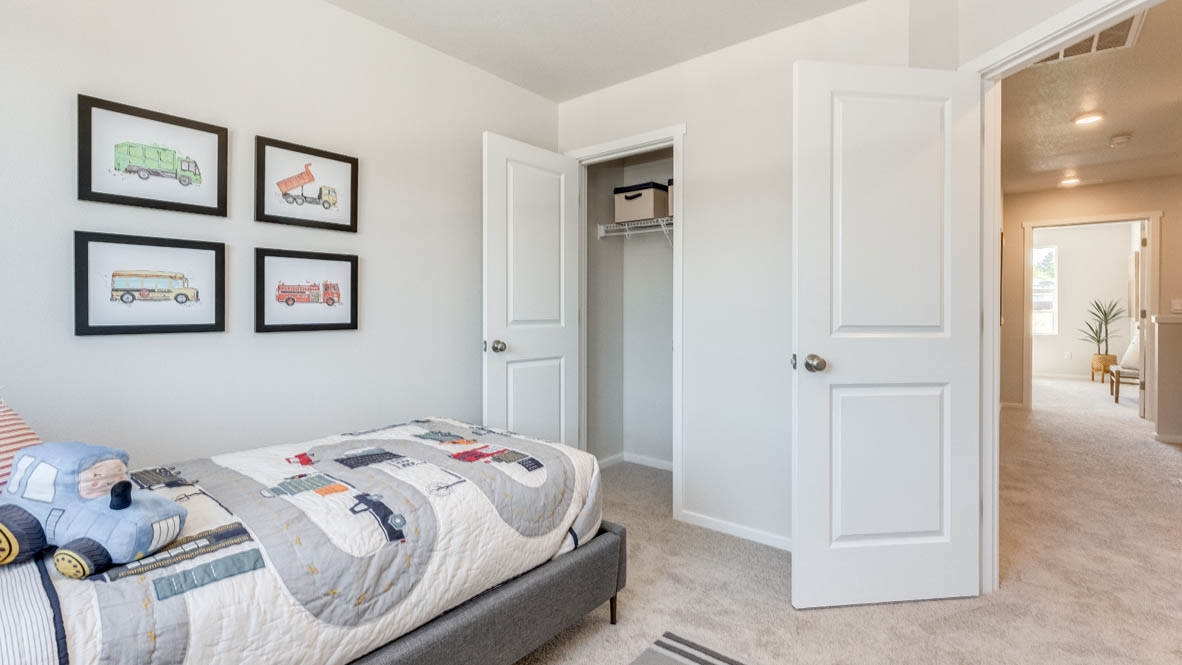 Terrace at Pleasant Valley with a bed, four hanging decorations, carpet, and a closet