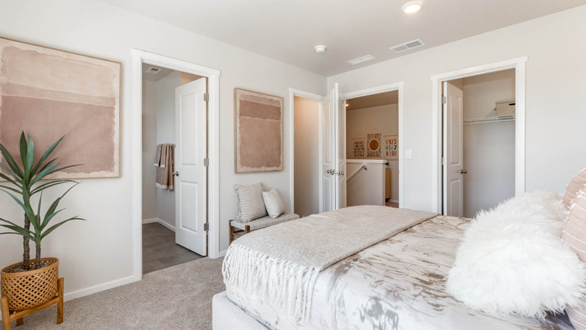 Terrace at Pleasant Valley Primary Bedroom with carpet, a bed with gray bedding, a table with a mirror above, and the primary bathroom in the background