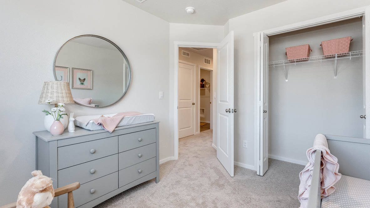 Terrace at Pleasant Valley bedroom with a baby crib, dresser, mirror, closet, two decorations, carpet, and windows