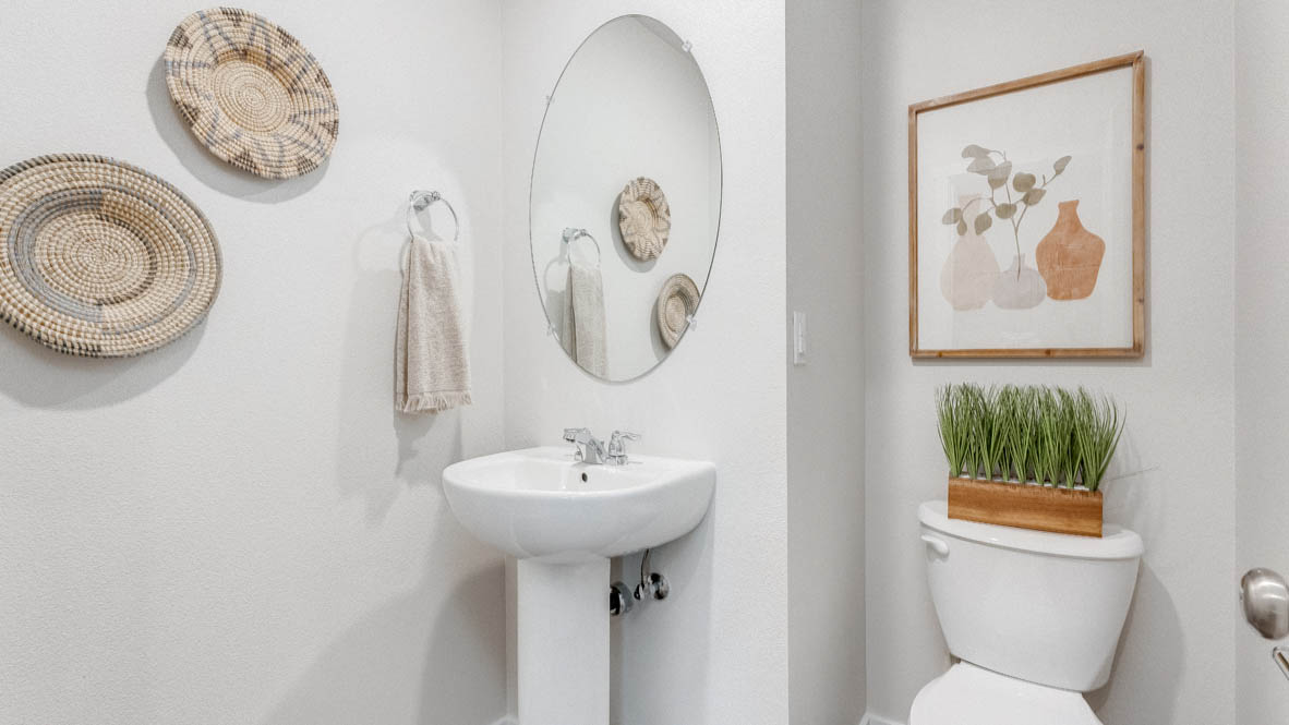 Terrace at Pleasant Valley powder room with white single sink vanity, a round mirror, toilet with a grass plant, two paintings, and white walls